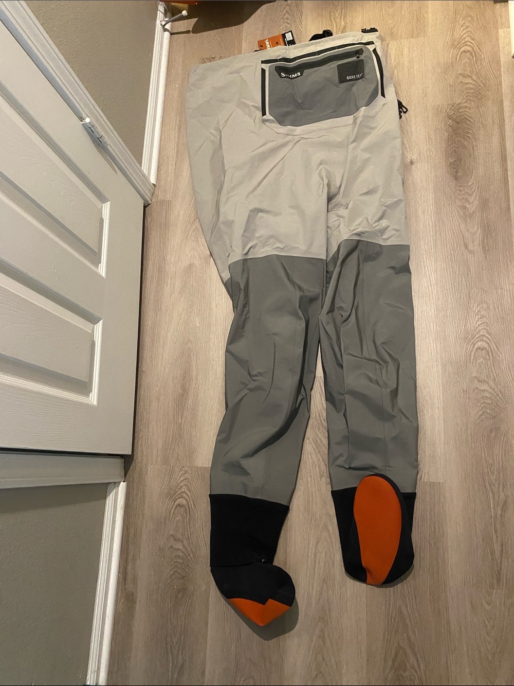 Simms Two-Tone Gray Stockingfoot Waders with Orange Soles